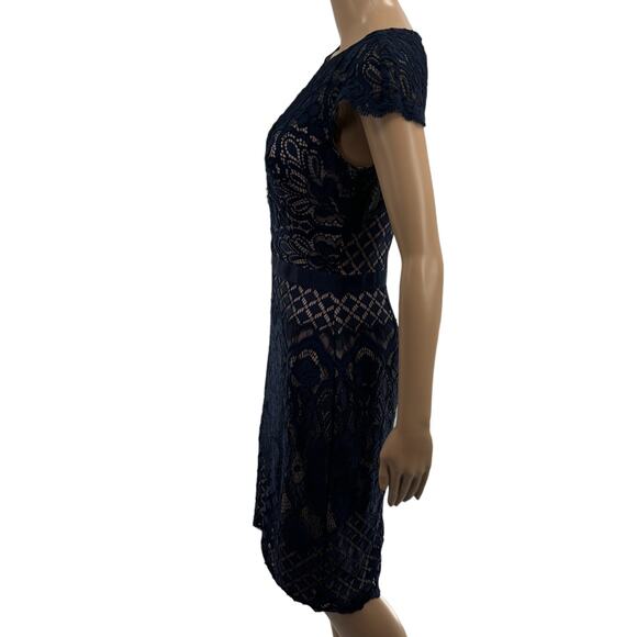 Tadashi Shoji Midnight Blue Brogan Nude Lace Cocktail Dress - Picture 7 of 11